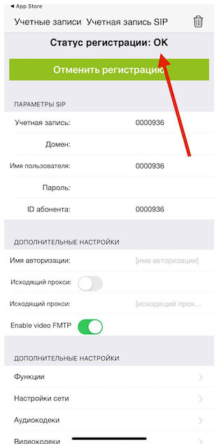 Статус регистрации ОК в Zoiper на iOS